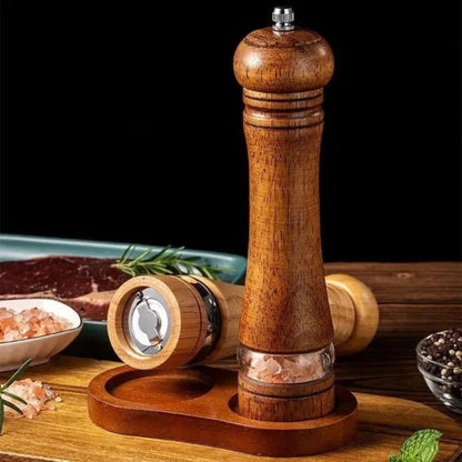 Manual Salt and Pepper Mill Set Adjustable Coarseness Clear Window Natural Wood Finish Handcrank Spice Grinder for Kitchen Dining Table
