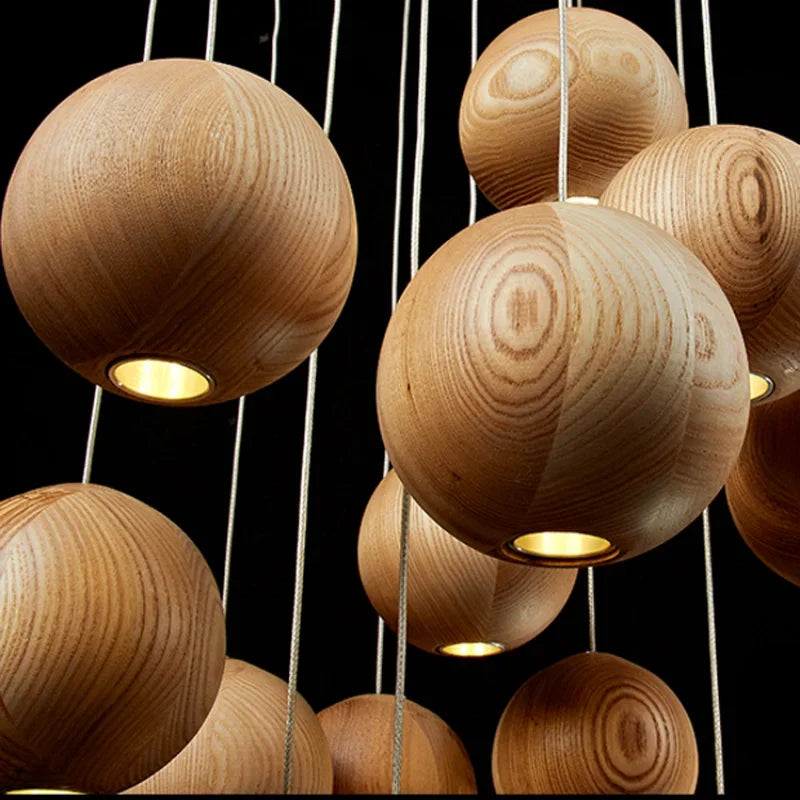 Wooden Globe Drop Ceiling Fixture 4-Inch Walnut Finish for Kitchen Island Dining Room Entryway Adjustable Cord Multi-Cluster Compatible Warm