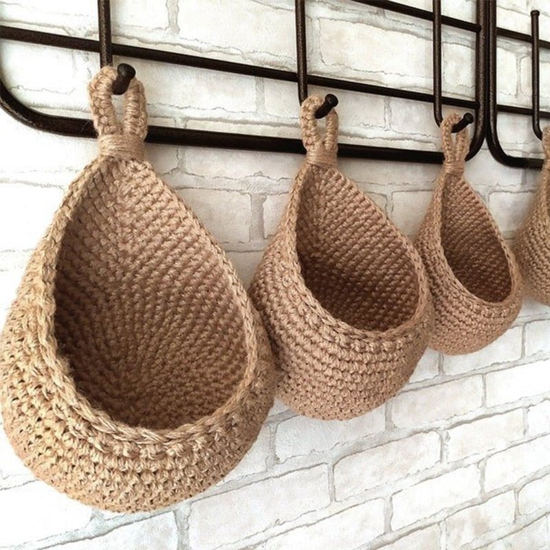Wall-Mount Rope Produce Organizer 14-Inch Natural Fiber Storage for Fruits Vegetables Kitchen Pantry Rustic Farmhouse Decor