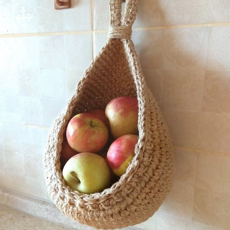 Wall-Mount Rope Produce Organizer 14-Inch Natural Fiber Storage for Fruits Vegetables Kitchen Pantry Rustic Farmhouse Decor