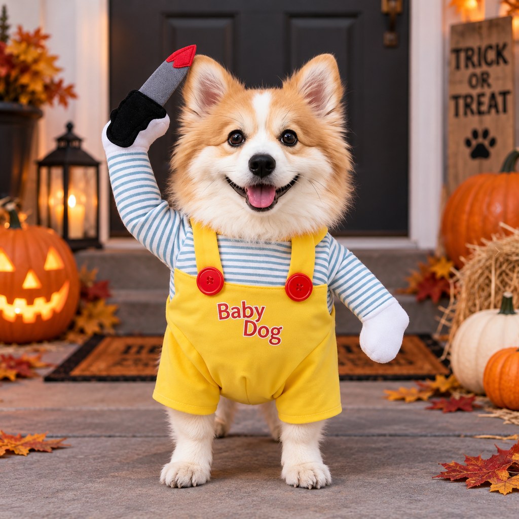 Ortekor Funny Horror Doll Dog Halloween Costume with Faux Knife - 3D Party & Photo Outfit for an Instant Spooky Look