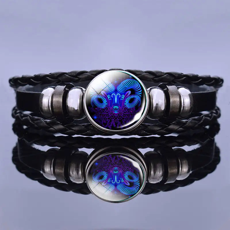 Astrological Sign Leather & Gemstone Bracelet – Handwoven Lapis & Sodalite Jewelry for Men & Women