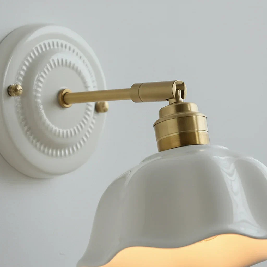 Adjustable Swing Arm Sconce with Porcelain Shade 7 in White & Copper Finish Task Light for Bedroom Nightstand Living Room Wall Accent