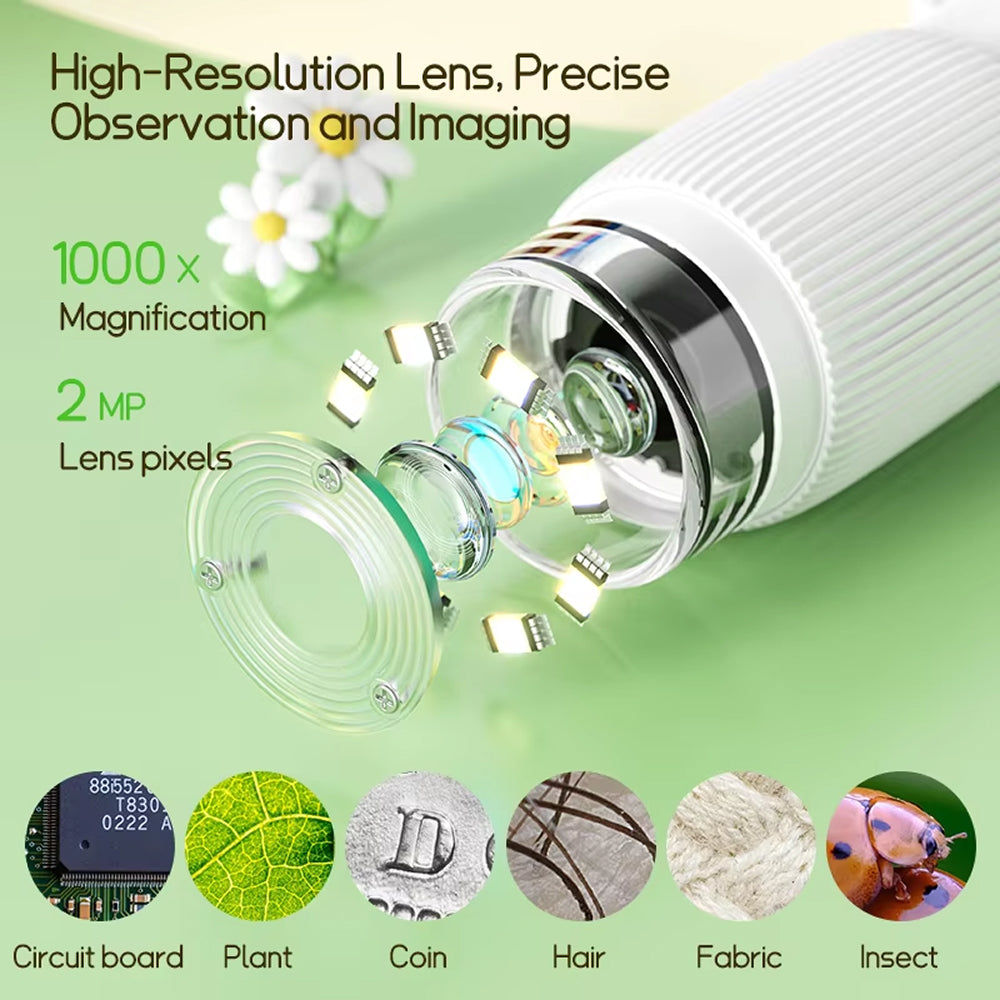 Kids Digital Microscope with 1000X Zoom, HD Camera & PC Connectivity for STEM Learning & Outdoor Discovery
