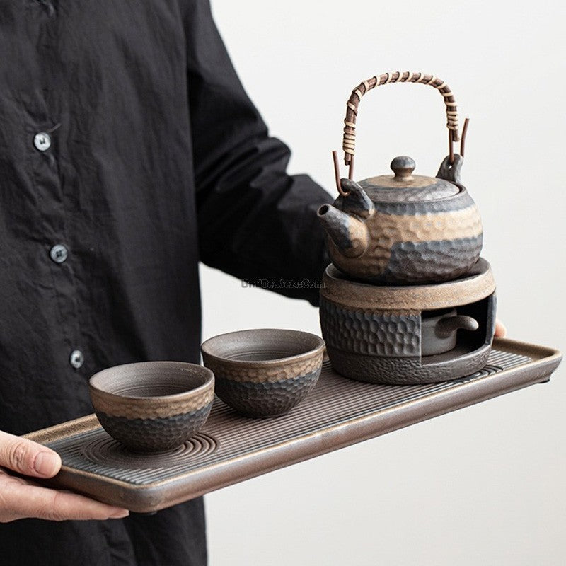 Handcrafted Ceramic Teapot Set with Warmer and Serving Tray for Mindful Tea Rituals, Japanese-Inspired Design for Green Tea, Herbal Blends,